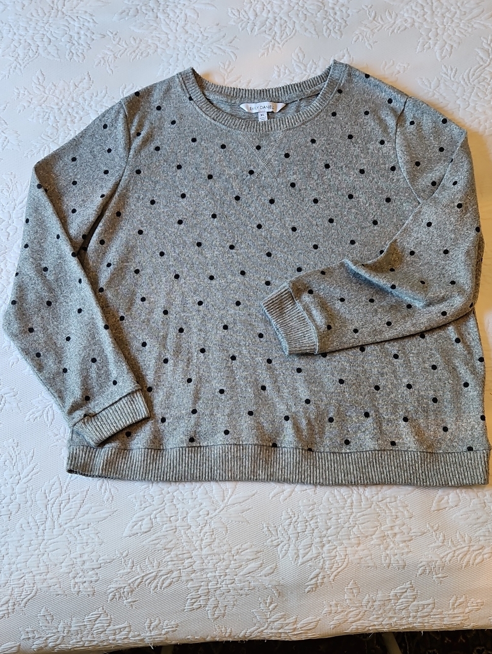 Emily Daniels Gray Crewneck Sweater with Black Polka Dots